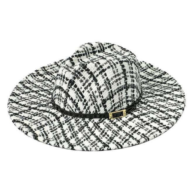 Belt Band Accented Check Patterned Panama Hat from Madeline Love