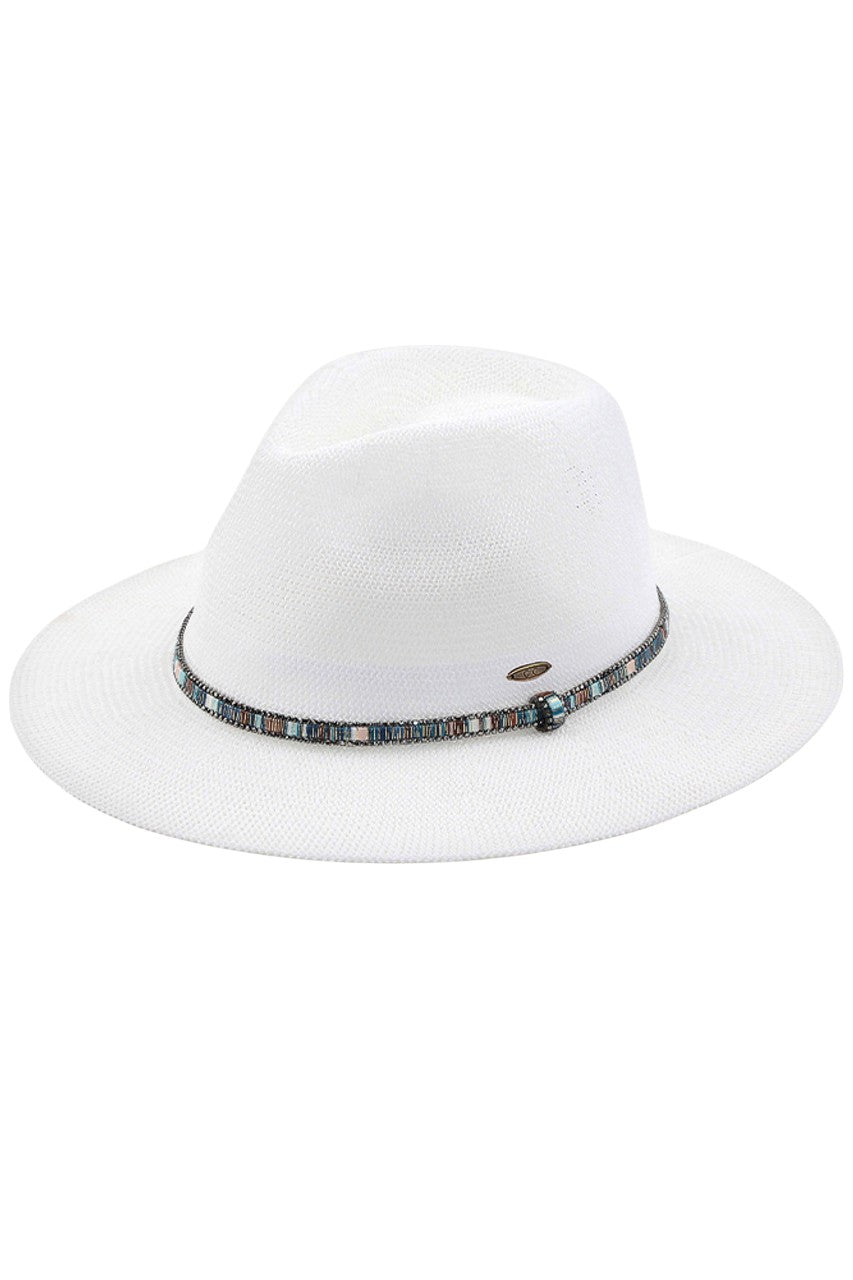 C.C MULTI THREAD RHINESTONE TRIM BAND PANAMA HAT from Madeline Love