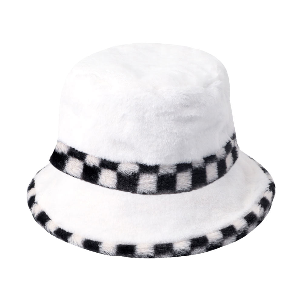 Check Pattern Detailed Faux Fur Bucket Hat from Madeline Love