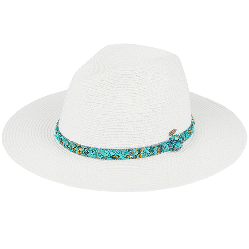 C.C Gem Stone Trim Band Straw Panama Sun Hat from Madeline Love