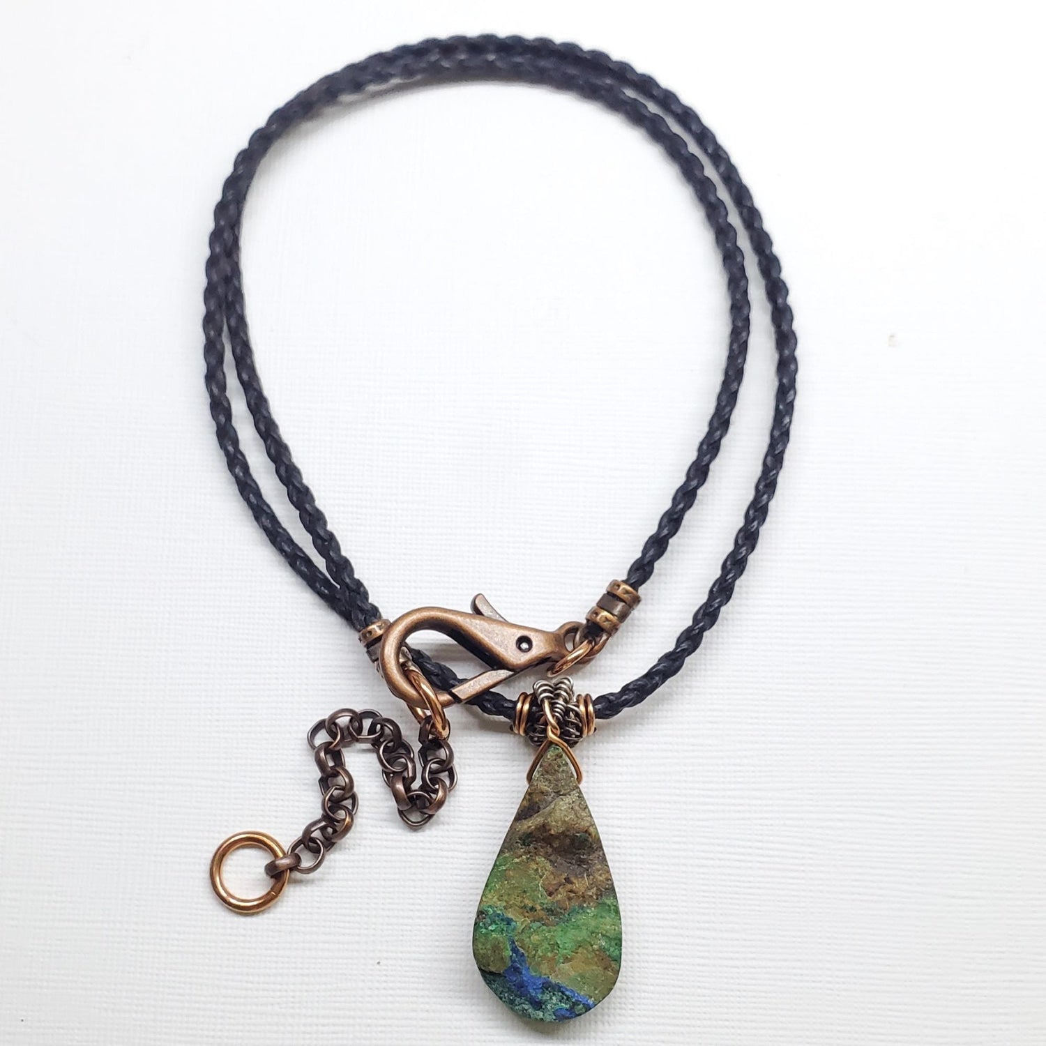 Wire Wrapped Natural Azurite Malachite Drop Vegan Cord Necklace from Alexa Martha Designs