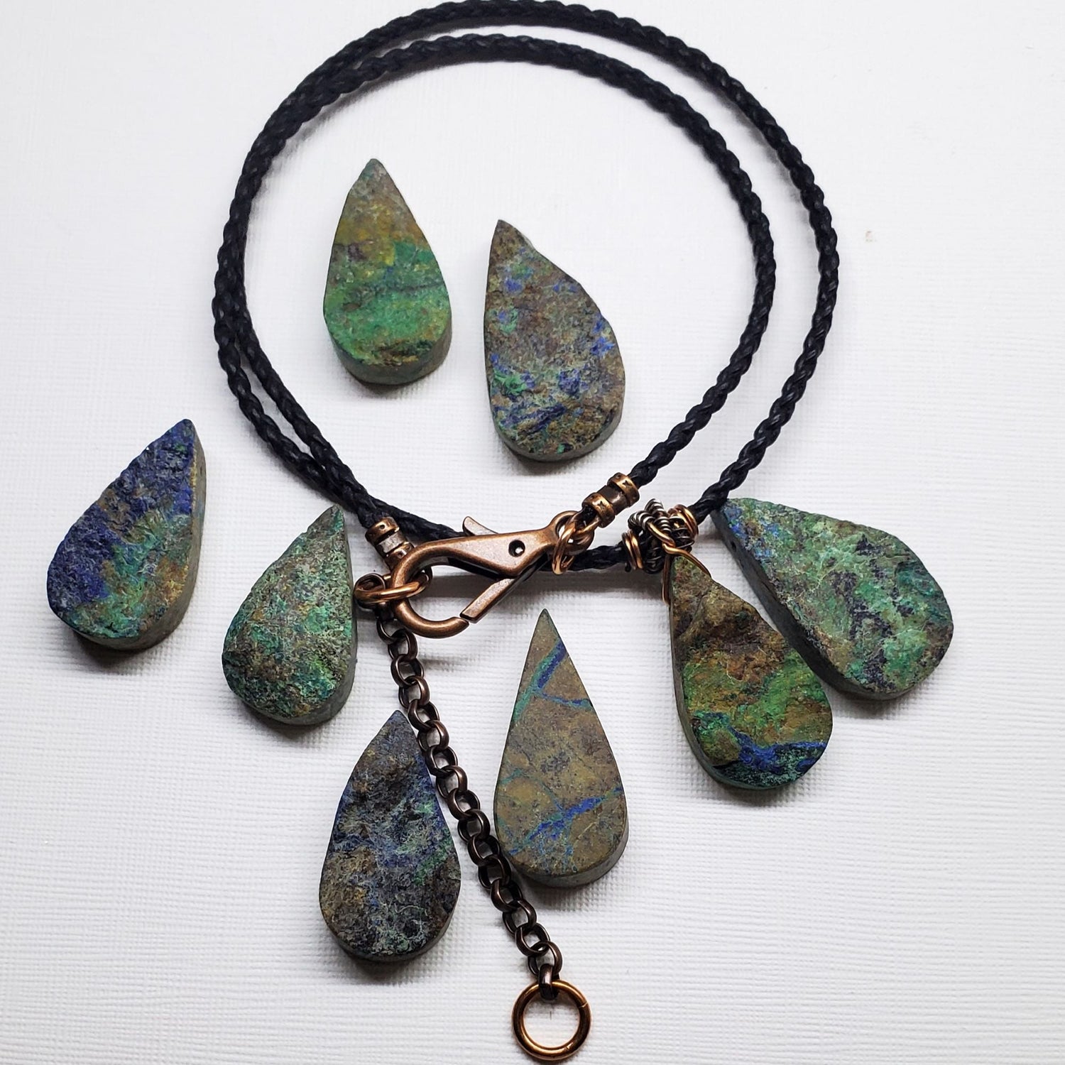 Wire Wrapped Natural Azurite Malachite Drop Vegan Cord Necklace from Alexa Martha Designs