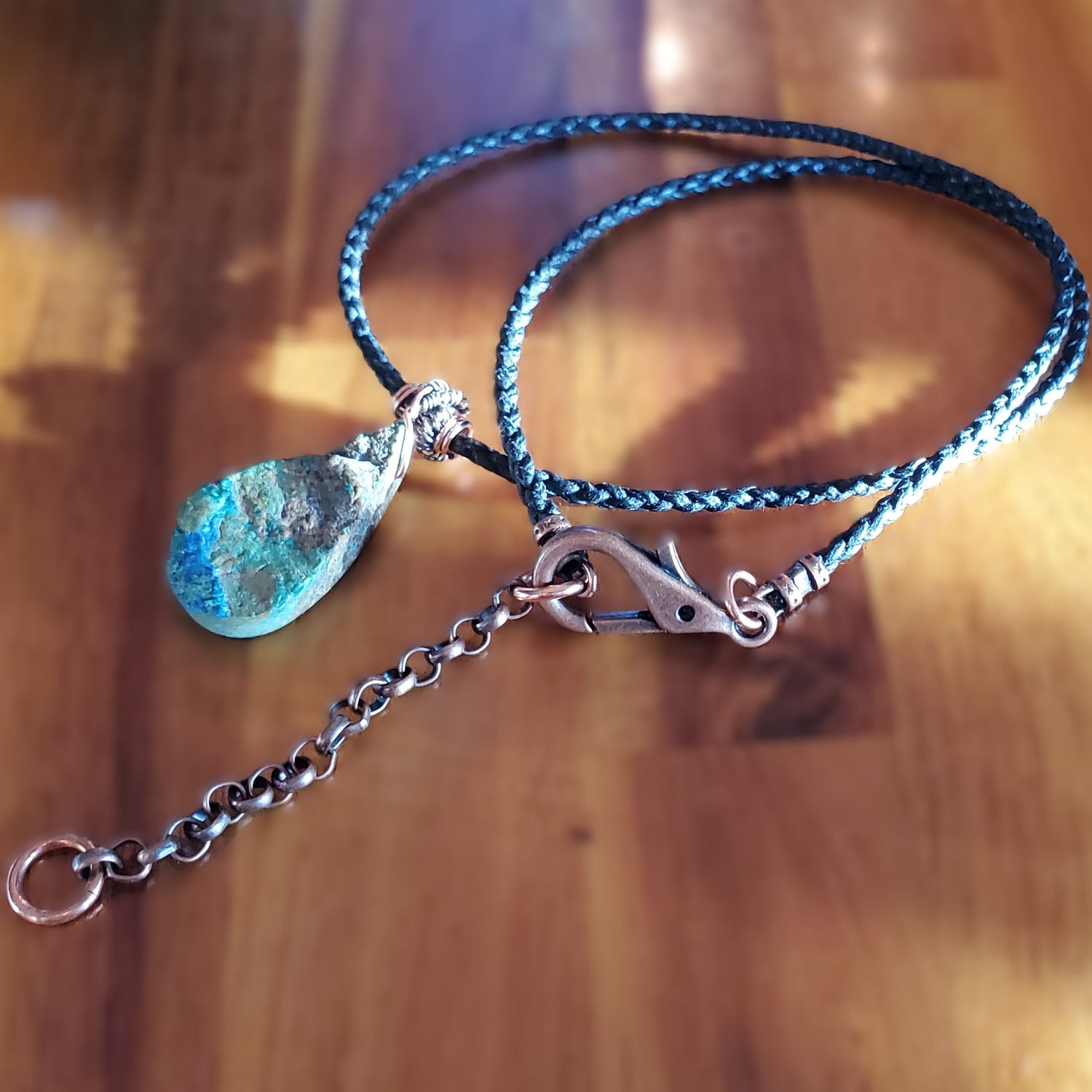 Wire Wrapped Natural Azurite Malachite Drop Vegan Cord Necklace from Alexa Martha Designs