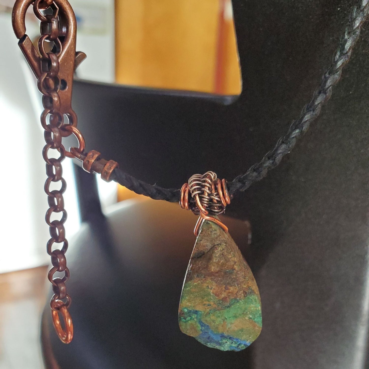 Wire Wrapped Natural Azurite Malachite Drop Vegan Cord Necklace from Alexa Martha Designs