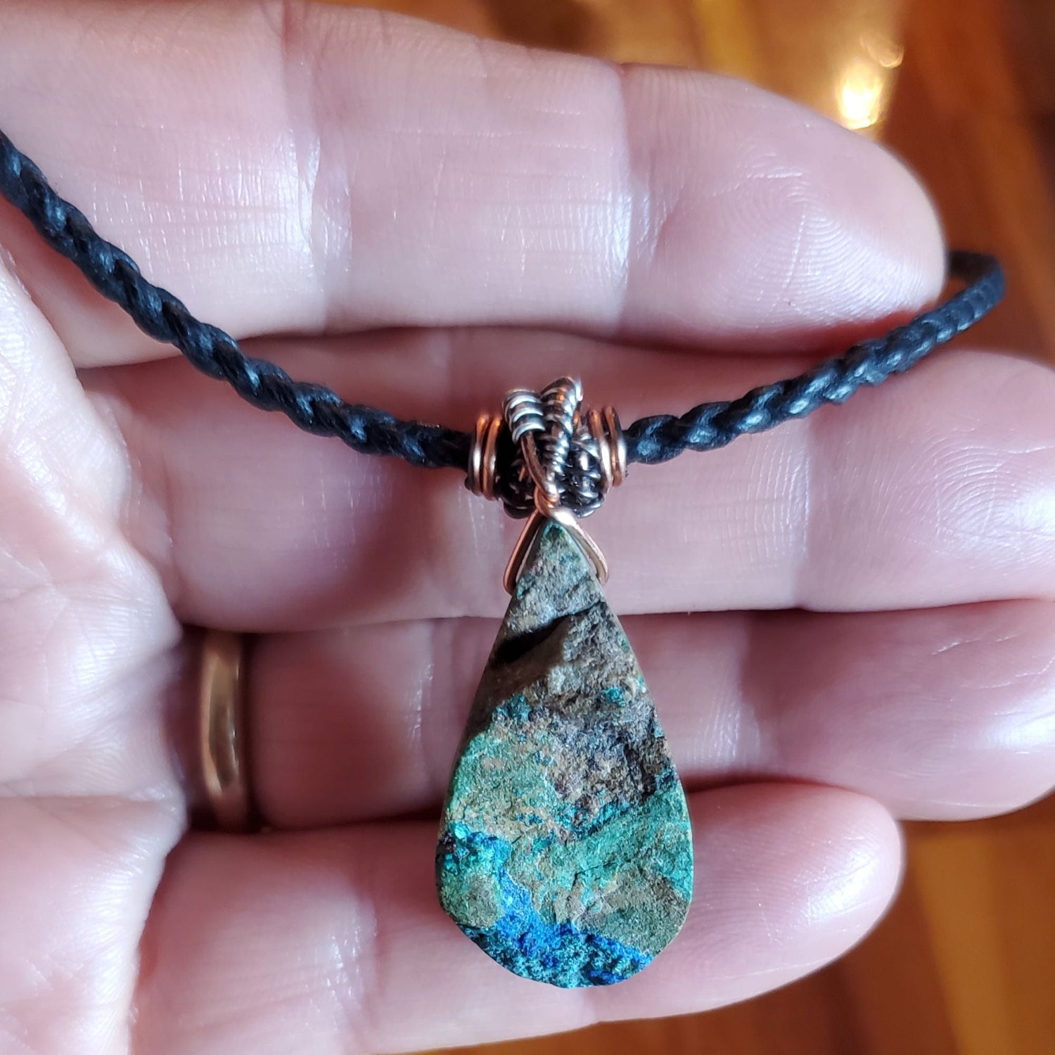 Wire Wrapped Natural Azurite Malachite Drop Vegan Cord Necklace from Alexa Martha Designs