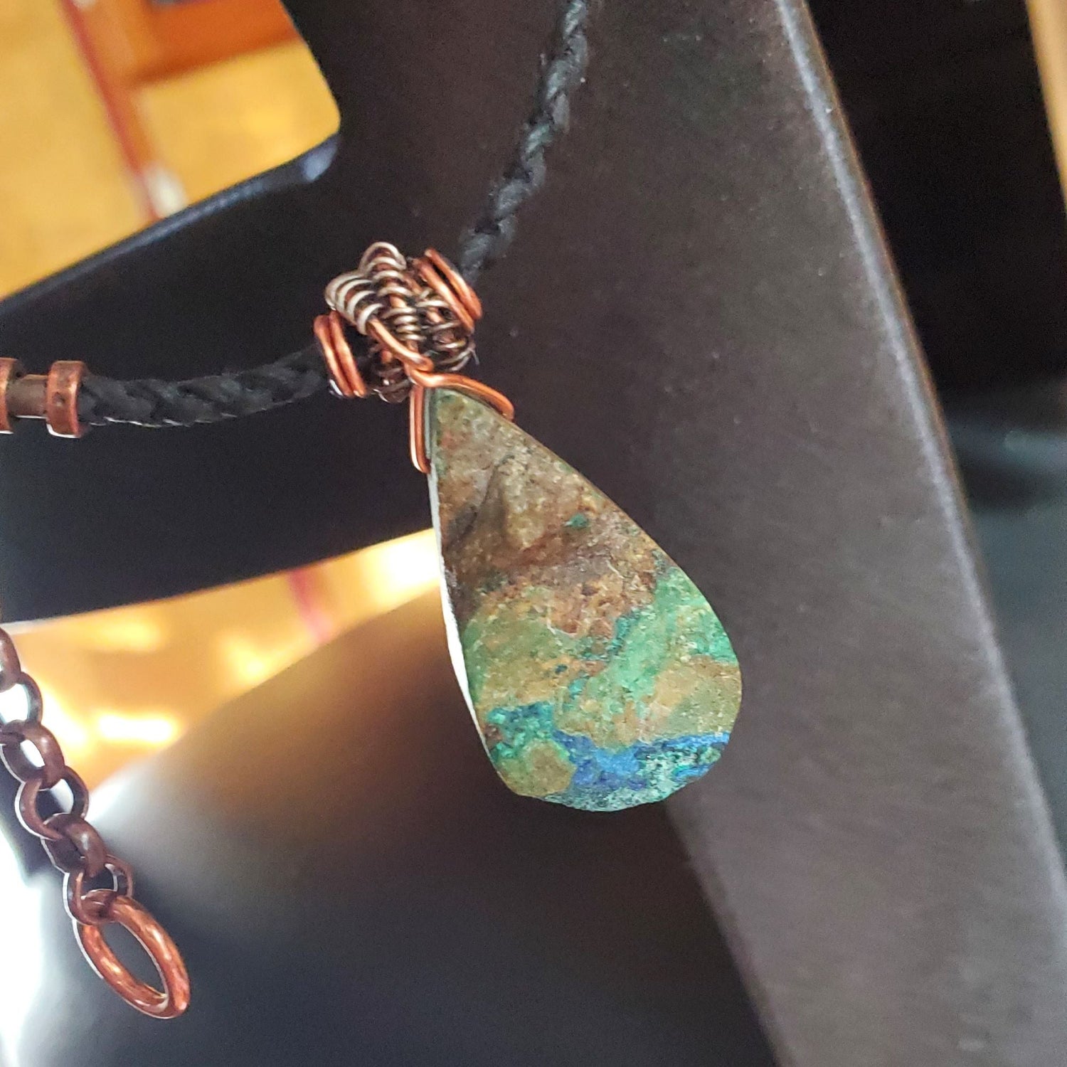 Wire Wrapped Natural Azurite Malachite Drop Vegan Cord Necklace from Alexa Martha Designs