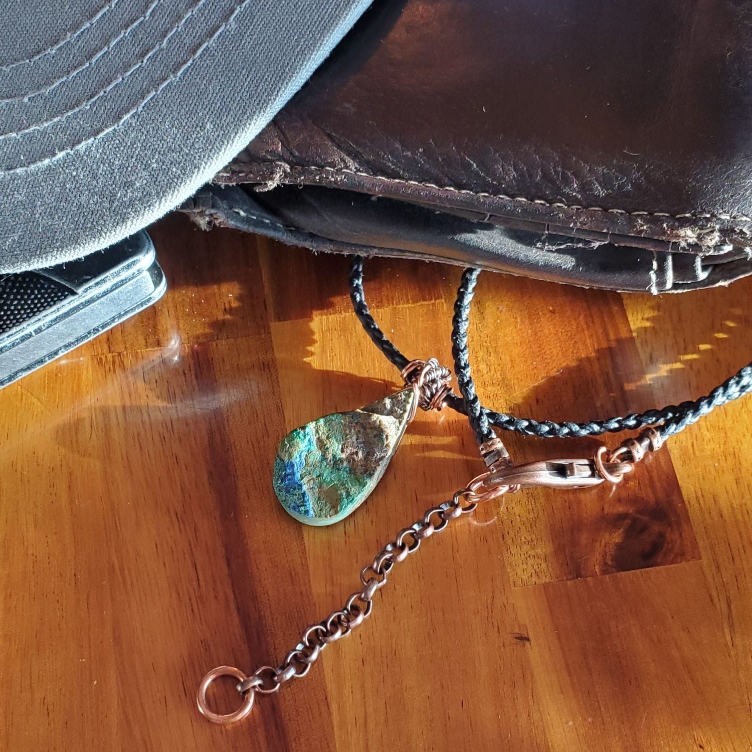 Wire Wrapped Natural Azurite Malachite Drop Vegan Cord Necklace from Alexa Martha Designs