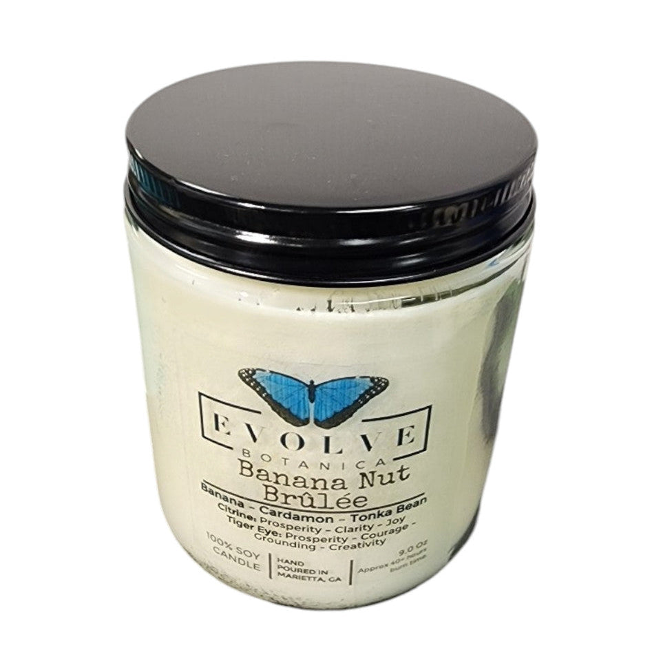 Classic 9oz Jam Jar Crystal Soy Candle - Banana Nut Brulee (Citrine & Tiger's Eye) from Evolve Botanica