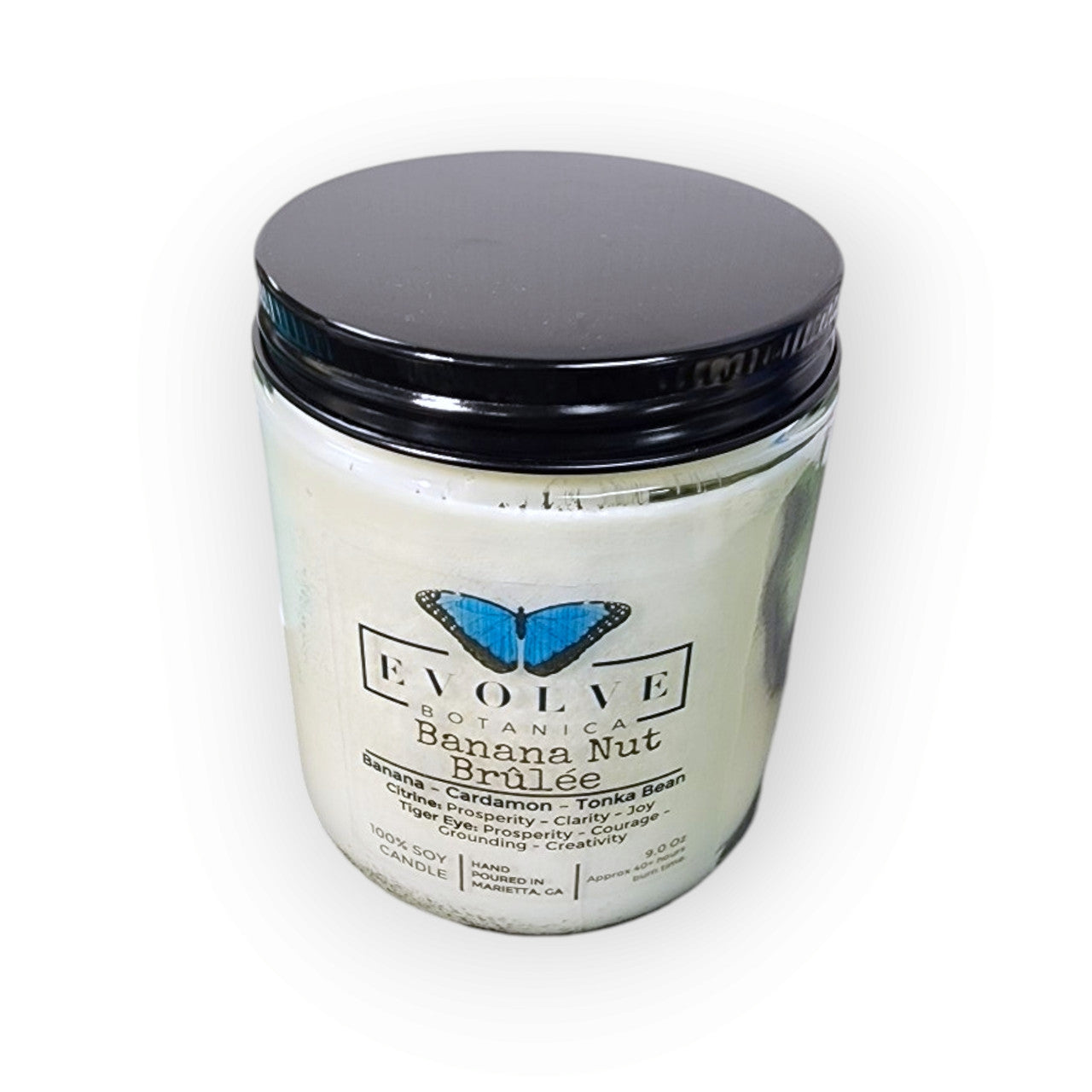 Classic 9oz Jam Jar Crystal Soy Candle - Banana Nut Brulee (Citrine & Tiger's Eye) from Evolve Botanica