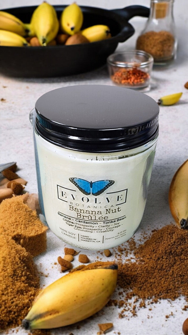 Classic 9oz Jam Jar Crystal Soy Candle - Banana Nut Brulee (Citrine & Tiger's Eye) from Evolve Botanica