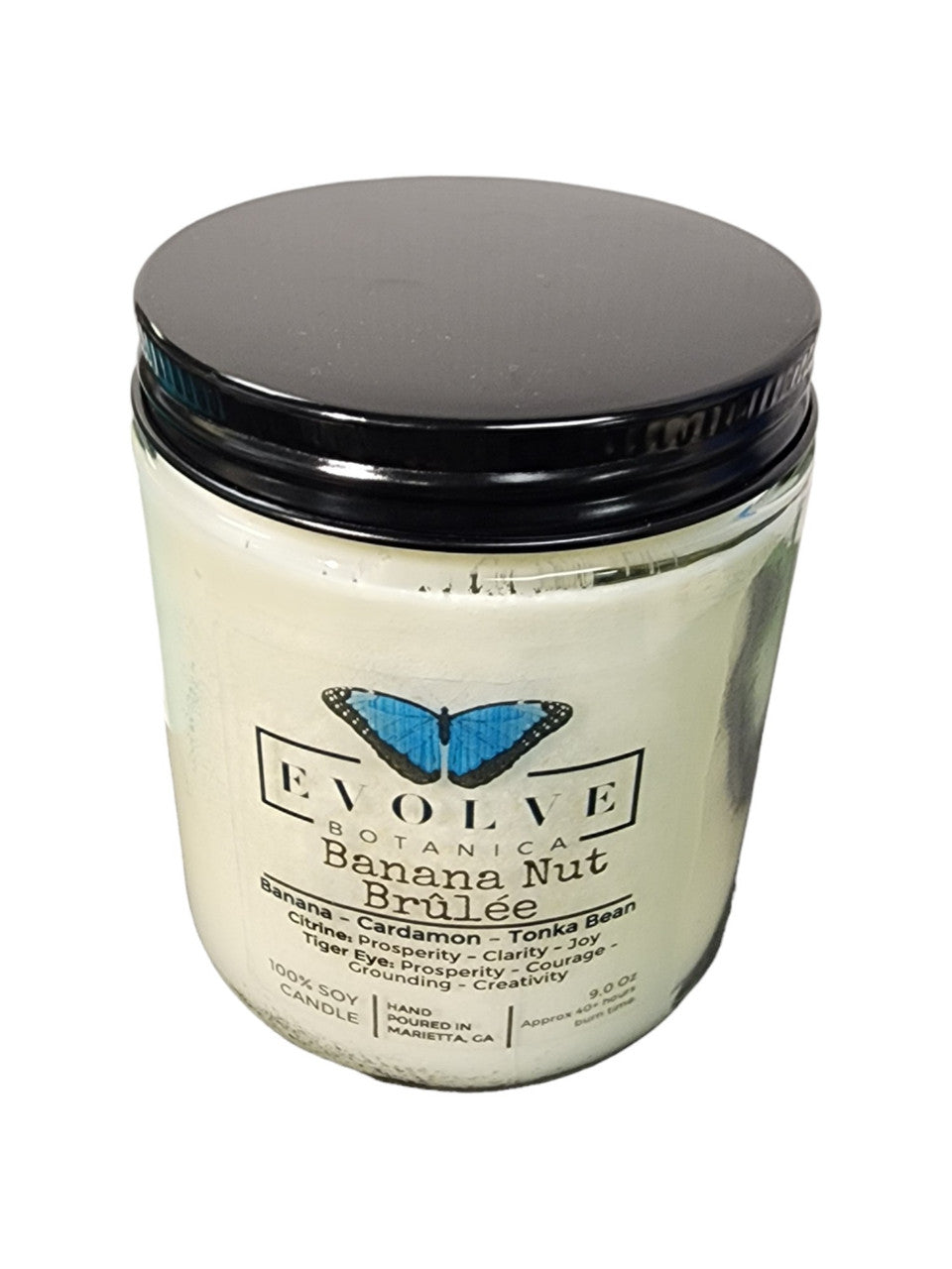 Classic 9oz Jam Jar Crystal Soy Candle - Banana Nut Brulee (Citrine & Tiger's Eye) from Evolve Botanica