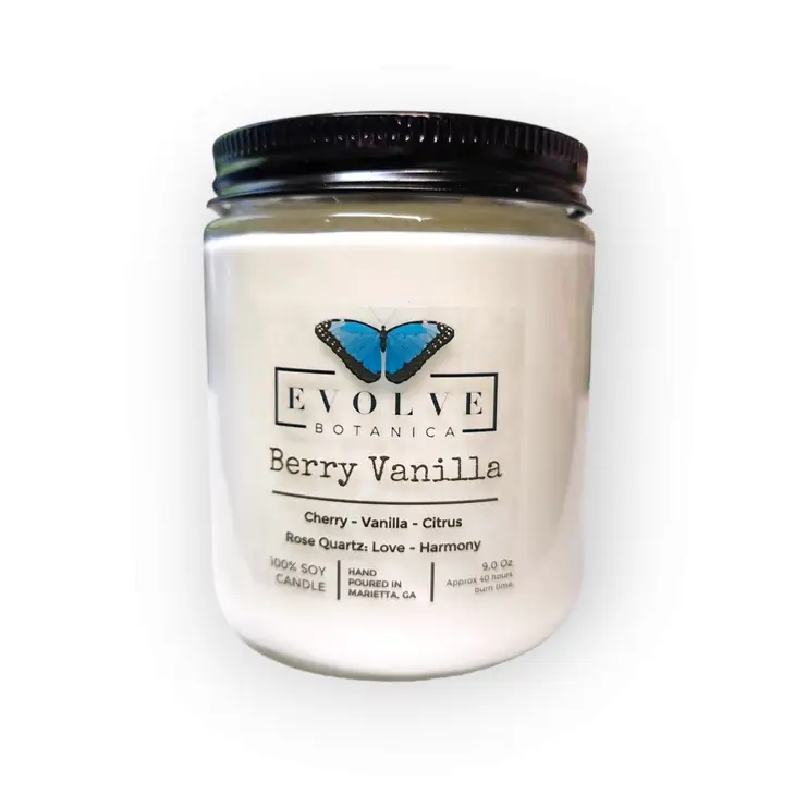 Classic 9oz Jam Jar Crystal Soy Candle - Berry Vanilla (Rose Quartz) from Evolve Botanica