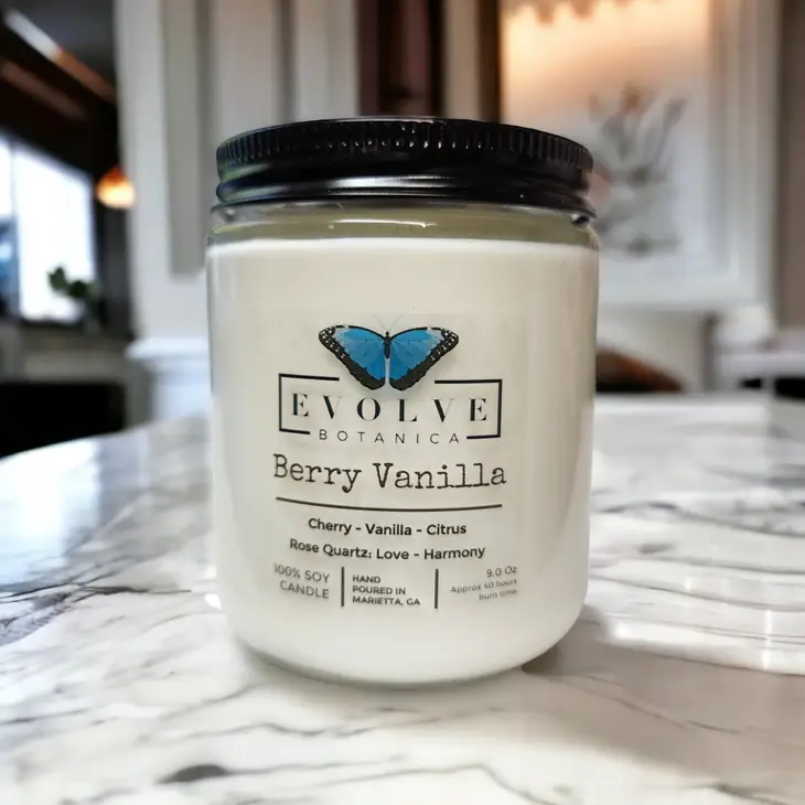 Classic 9oz Jam Jar Crystal Soy Candle - Berry Vanilla (Rose Quartz) from Evolve Botanica