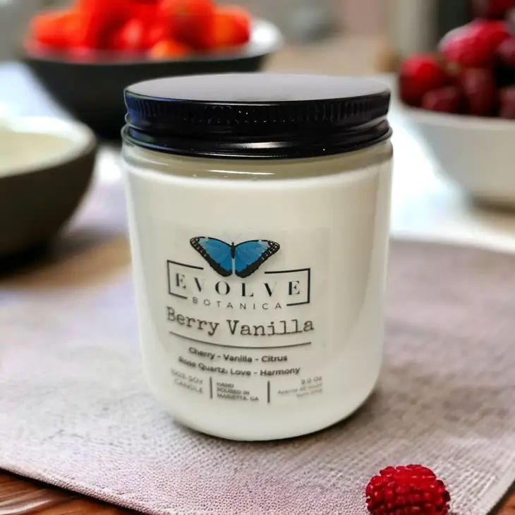 Classic 9oz Jam Jar Crystal Soy Candle - Berry Vanilla (Rose Quartz) from Evolve Botanica
