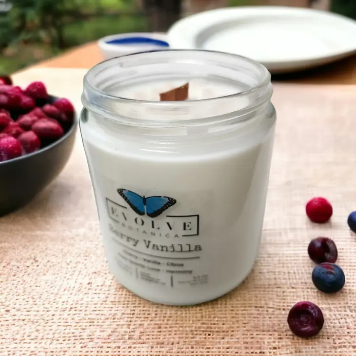 Classic 9oz Jam Jar Crystal Soy Candle - Berry Vanilla (Rose Quartz) from Evolve Botanica