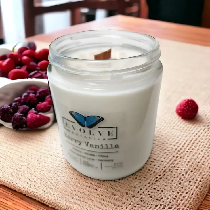 Classic 9oz Jam Jar Crystal Soy Candle - Berry Vanilla (Rose Quartz) from Evolve Botanica