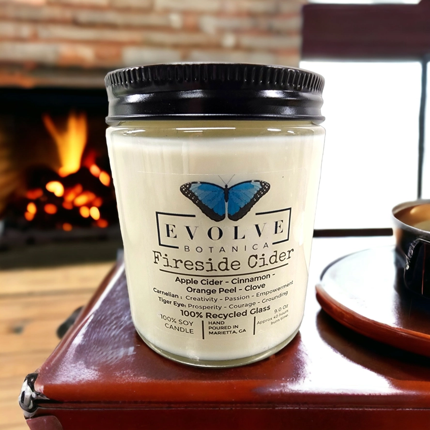 Classic 9oz Jam Jar Crystal Soy Candle - Fireside Cider (Carnelian & Tigers Eye) from Evolve Botanica
