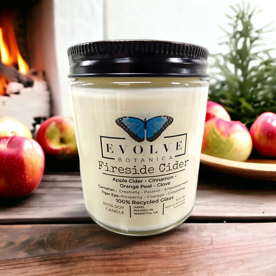 Classic 9oz Jam Jar Crystal Soy Candle - Fireside Cider (Carnelian & Tigers Eye) from Evolve Botanica