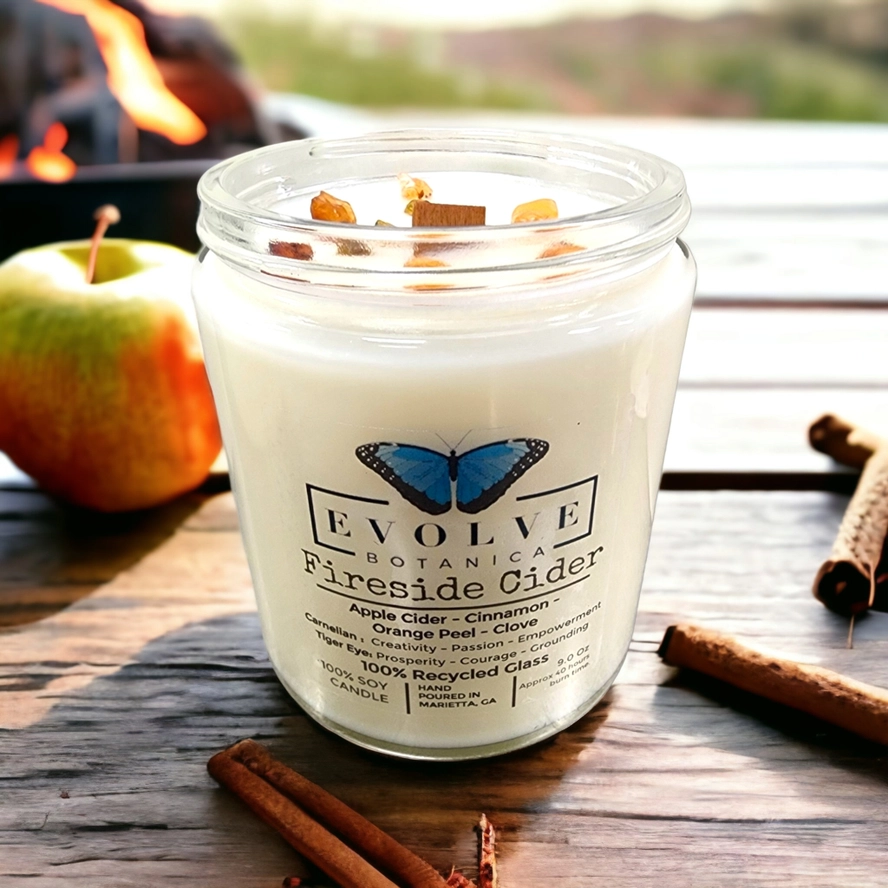 Classic 9oz Jam Jar Crystal Soy Candle - Fireside Cider (Carnelian & Tigers Eye) from Evolve Botanica