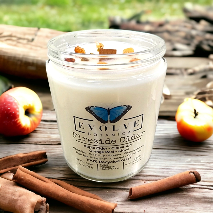 Classic 9oz Jam Jar Crystal Soy Candle - Fireside Cider (Carnelian & Tigers Eye) from Evolve Botanica