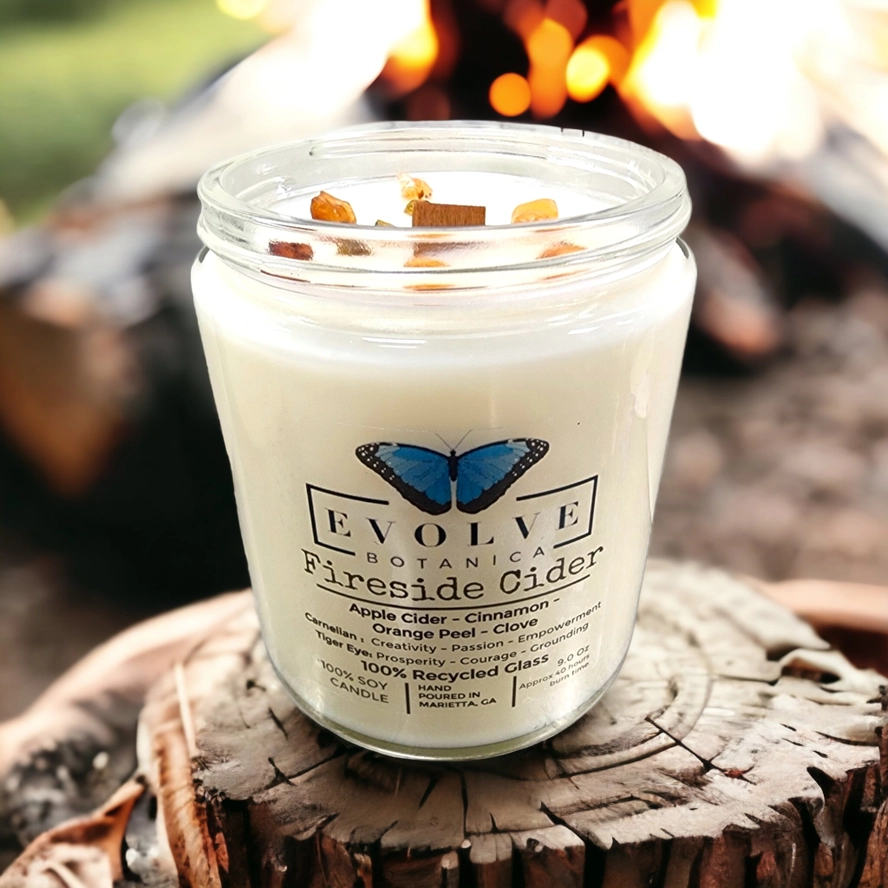 Classic 9oz Jam Jar Crystal Soy Candle - Fireside Cider (Carnelian & Tigers Eye) from Evolve Botanica