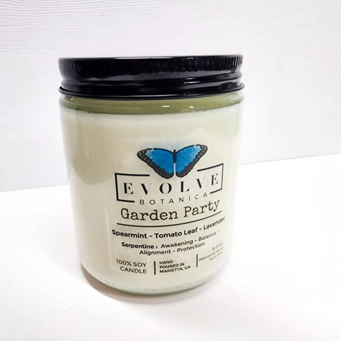 Classic 9oz Jam Jar Crystal Soy Candle - Garden Party (Serpentine) from Evolve Botanica