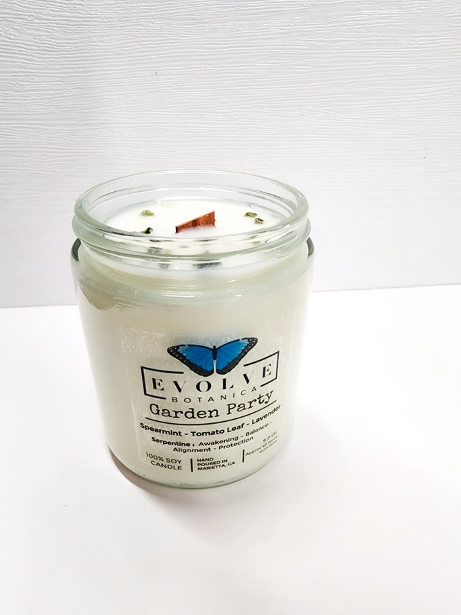 Classic 9oz Jam Jar Crystal Soy Candle - Garden Party (Serpentine) from Evolve Botanica