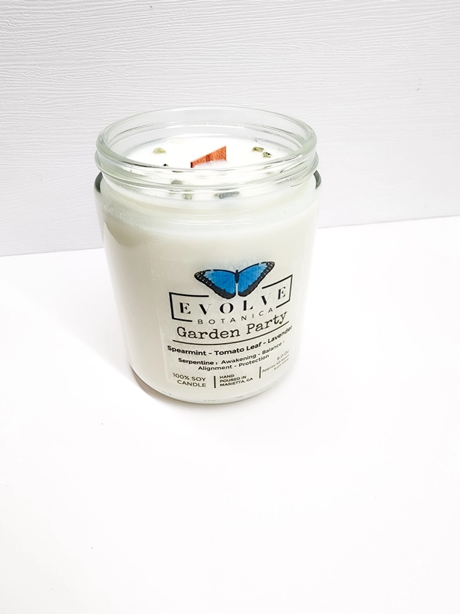 Classic 9oz Jam Jar Crystal Soy Candle - Garden Party (Serpentine) from Evolve Botanica