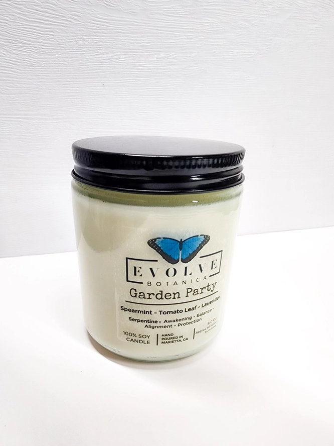 Classic 9oz Jam Jar Crystal Soy Candle - Garden Party (Serpentine) from Evolve Botanica