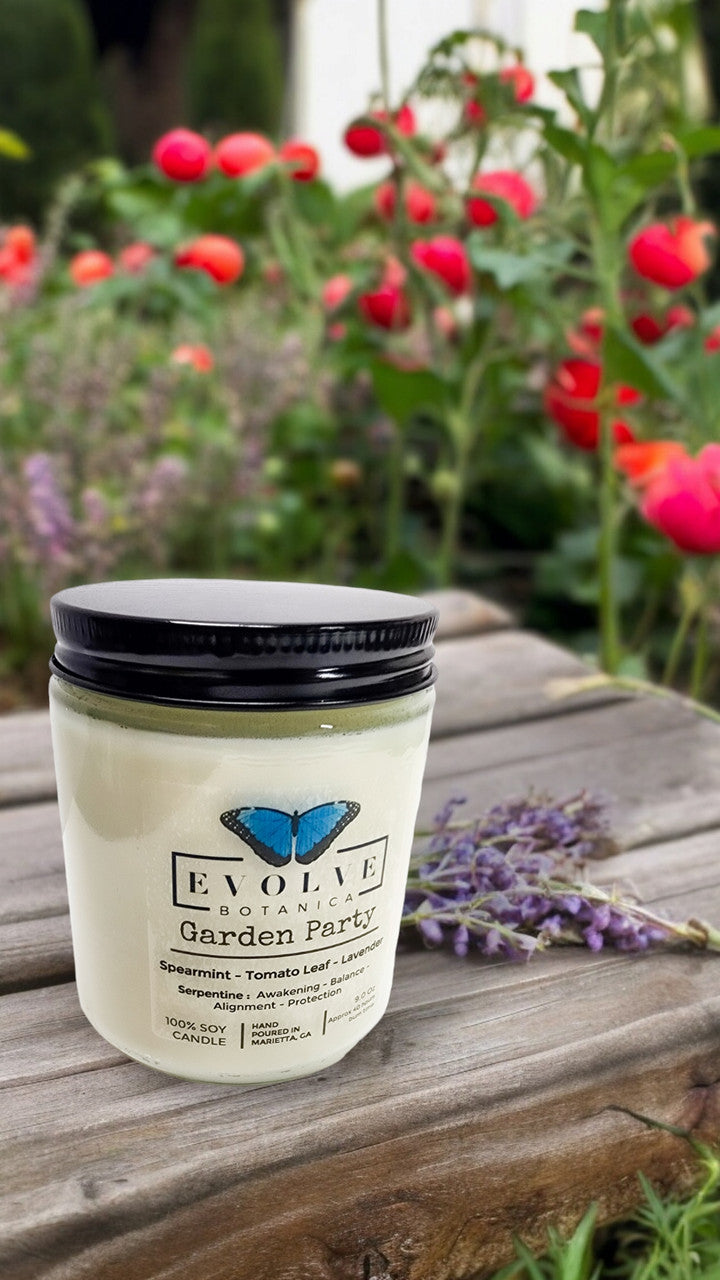 Classic 9oz Jam Jar Crystal Soy Candle - Garden Party (Serpentine) from Evolve Botanica