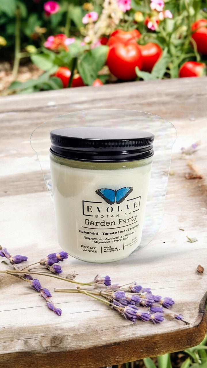 Classic 9oz Jam Jar Crystal Soy Candle - Garden Party (Serpentine) from Evolve Botanica