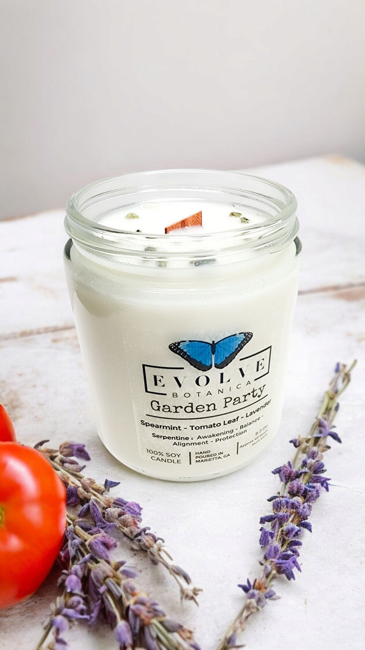 Classic 9oz Jam Jar Crystal Soy Candle - Garden Party (Serpentine) from Evolve Botanica