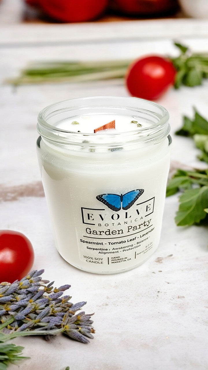 Classic 9oz Jam Jar Crystal Soy Candle - Garden Party (Serpentine) from Evolve Botanica