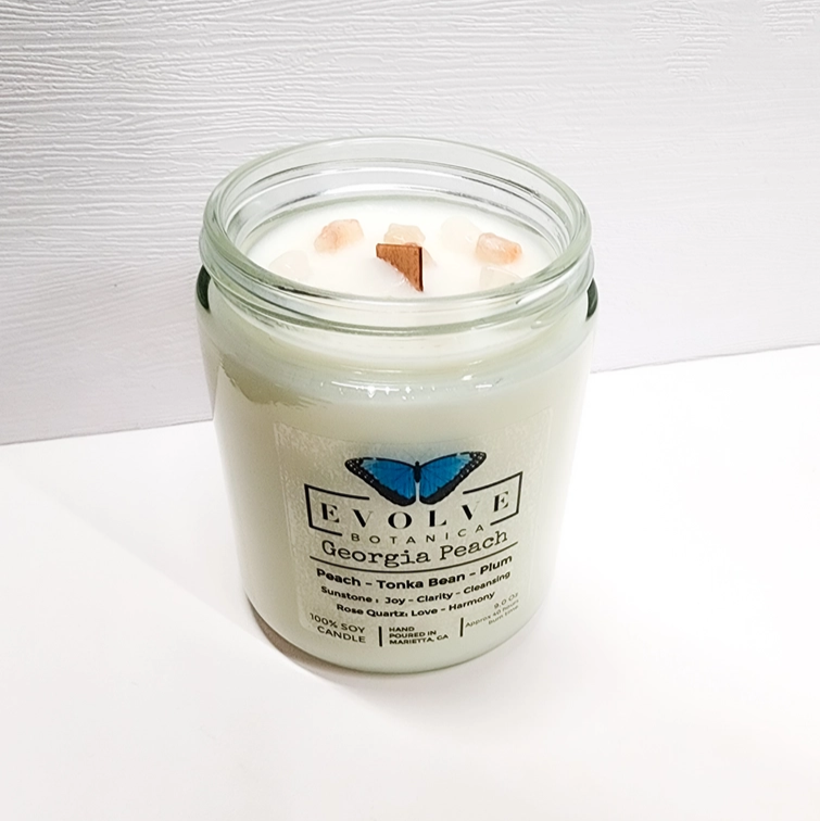 Classic 9oz Jam Jar Crystal Soy Candle - Georgia Peach (Sunstone & Rose Quartz) from Evolve Botanica