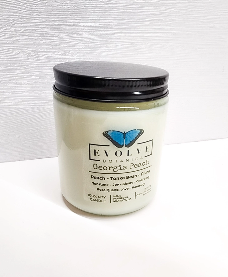 Classic 9oz Jam Jar Crystal Soy Candle - Georgia Peach (Sunstone & Rose Quartz) from Evolve Botanica