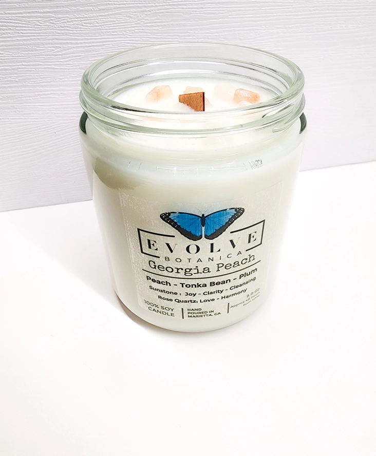 Classic 9oz Jam Jar Crystal Soy Candle - Georgia Peach (Sunstone & Rose Quartz) from Evolve Botanica