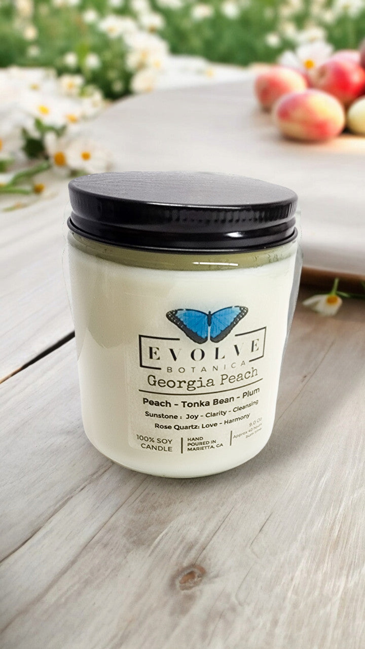Classic 9oz Jam Jar Crystal Soy Candle - Georgia Peach (Sunstone & Rose Quartz) from Evolve Botanica