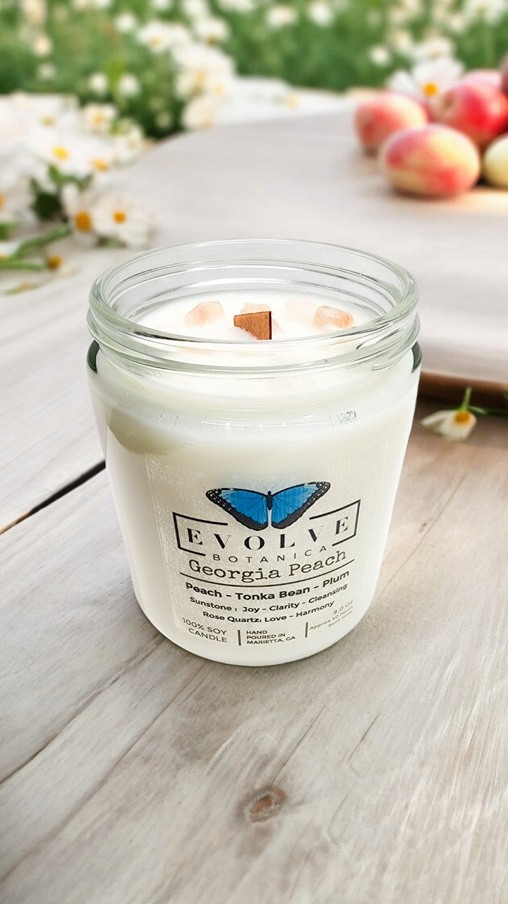 Classic 9oz Jam Jar Crystal Soy Candle - Georgia Peach (Sunstone & Rose Quartz) from Evolve Botanica