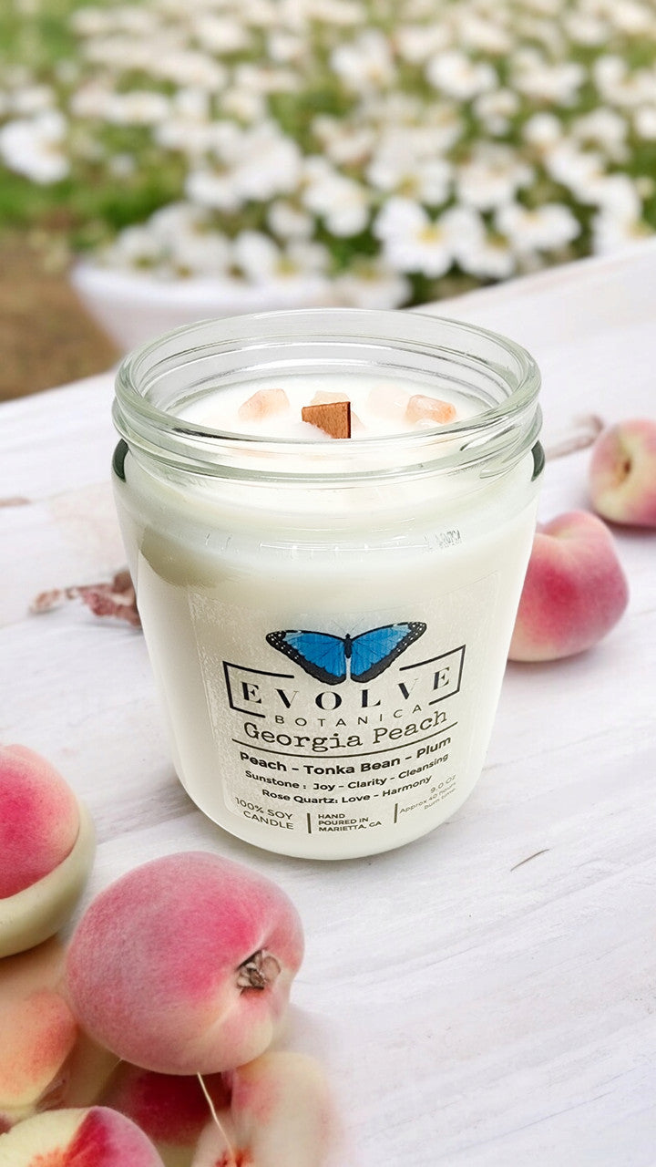 Classic 9oz Jam Jar Crystal Soy Candle - Georgia Peach (Sunstone & Rose Quartz) from Evolve Botanica