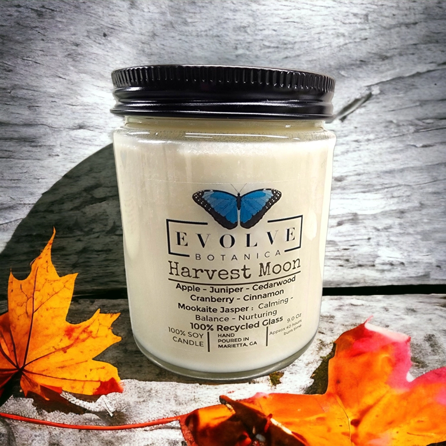 Classic 9oz Jam Jar Crystal Soy Candle - Harvest Moon (Mookite) from Evolve Botanica