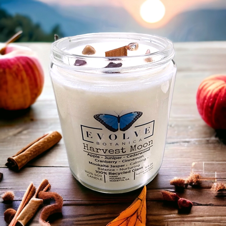 Classic 9oz Jam Jar Crystal Soy Candle - Harvest Moon (Mookite) from Evolve Botanica