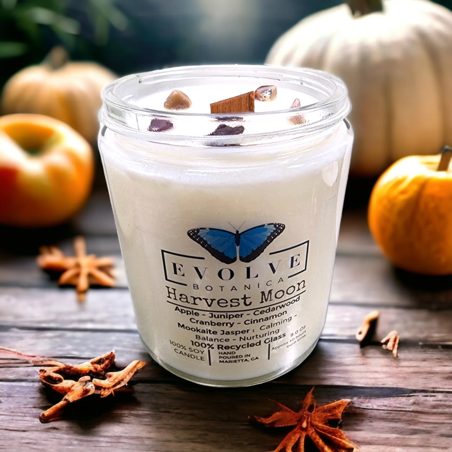Classic 9oz Jam Jar Crystal Soy Candle - Harvest Moon (Mookite) from Evolve Botanica