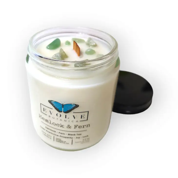 Classic 9oz Jam Jar Crystal Soy Candle - Hemlock & Fern (Aventurine) from Evolve Botanica
