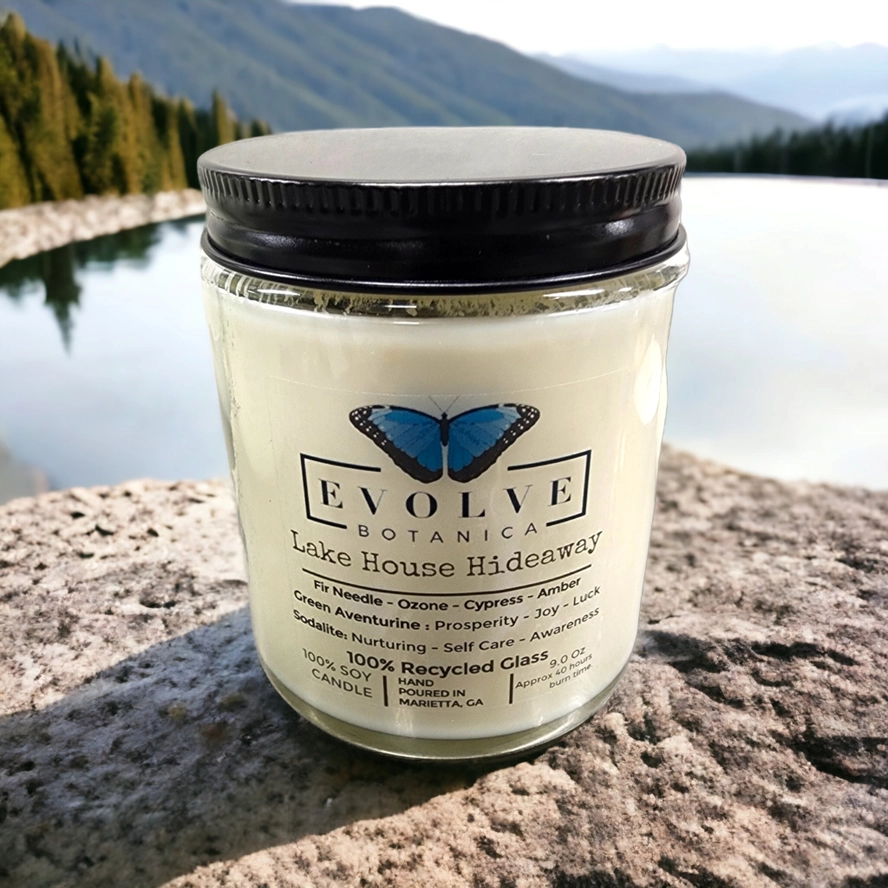 Classic 9oz Jam Jar Crystal Soy Candle - Lake House Hideaway (Aventurine) from Evolve Botanica