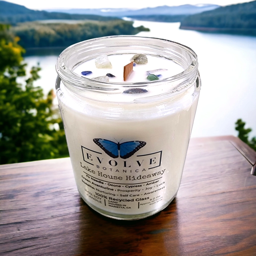 Classic 9oz Jam Jar Crystal Soy Candle - Lake House Hideaway (Aventurine) from Evolve Botanica
