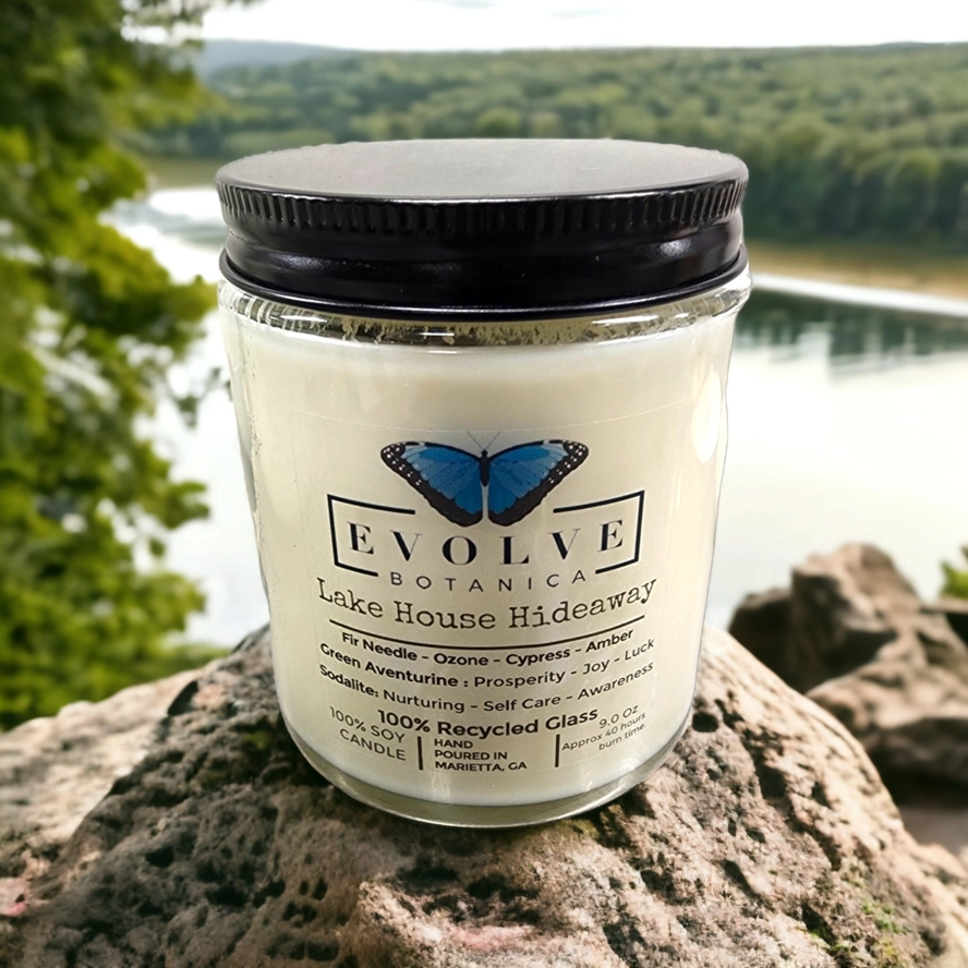 Classic 9oz Jam Jar Crystal Soy Candle - Lake House Hideaway (Aventurine) from Evolve Botanica