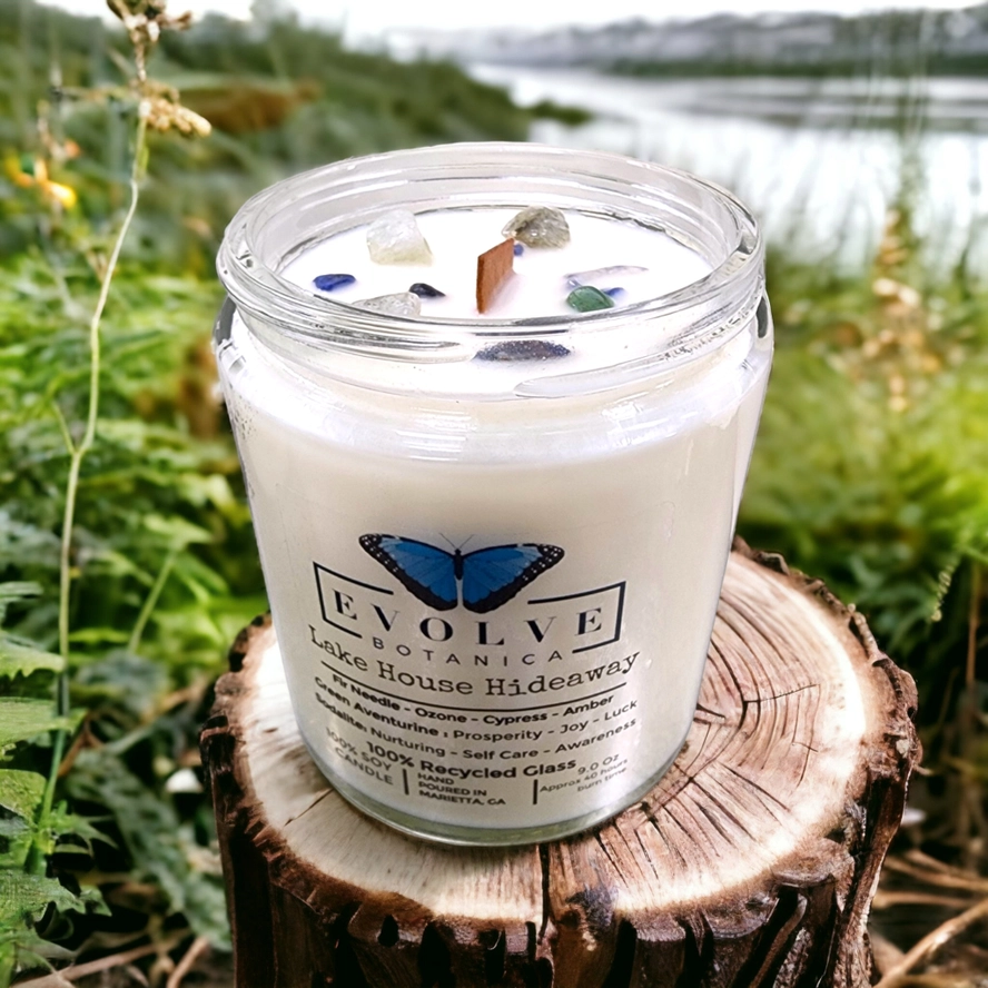 Classic 9oz Jam Jar Crystal Soy Candle - Lake House Hideaway (Aventurine) from Evolve Botanica