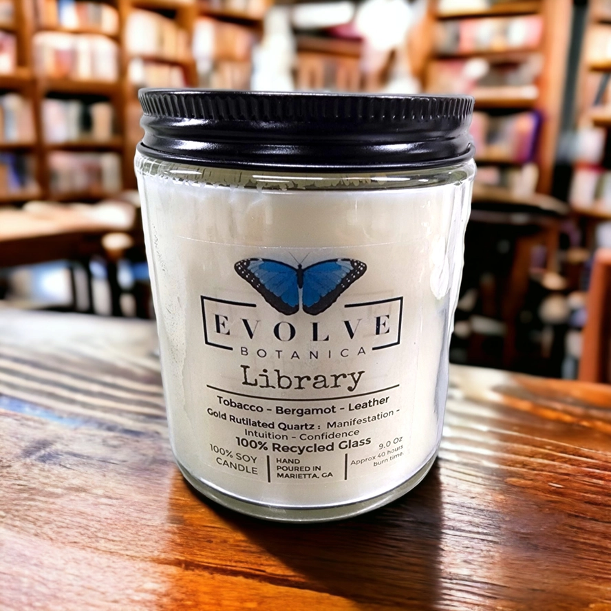 Classic 9oz Jam Jar Crystal Soy Candle - Library (Rutilated Quartz) from Evolve Botanica
