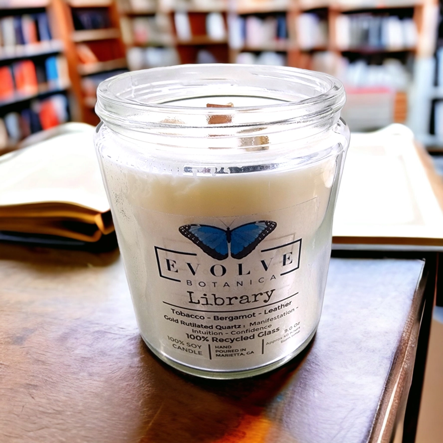 Classic 9oz Jam Jar Crystal Soy Candle - Library (Rutilated Quartz) from Evolve Botanica