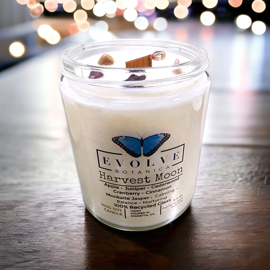 Classic 9oz Jam Jar Crystal Soy Candle - Library (Rutilated Quartz) from Evolve Botanica